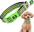 XXS-XS Dog Collar with Bell Reflective - Adjustable Tiny Small Breed Collar for Girl Boy Chihuahua Puppies, Night Walk Safety Accessory（Green XS）