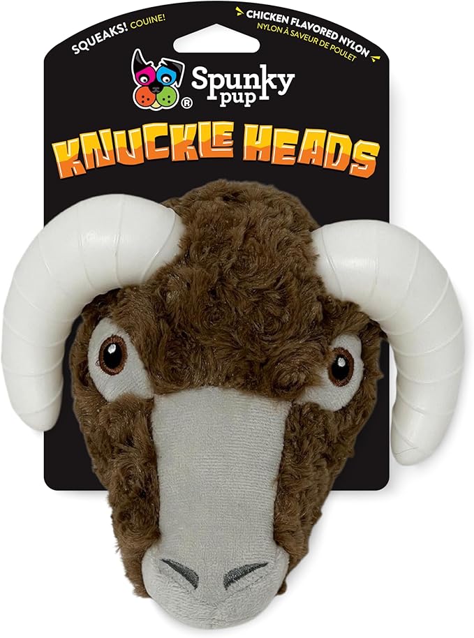 Spunky pup Knucklehead Durable Dog Toy - 2-in-1 Plush & Chew Toy for Aggressive Chewers, Chicken-Flavored Dental Chew, Durable Double-Stitched Squeaker- Ram