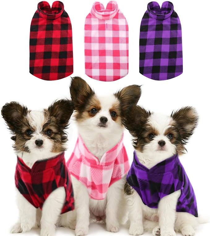 Kama Bridal 3 Pack Dog Coat - Spring, Autumn, Winter - Fleece Vest for Cats & Small/Medium Dogs - Red, Pink, Purple Plaid (S)