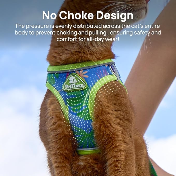 Cat Harness and Leash Set, Step-in Escape Proof Adjustable Vest Harness for Small Medium Large Cats, Lightweight Soft Breathable Reflective Kitten Harness for Walking Travel, Camping(Hawaii Green, L)