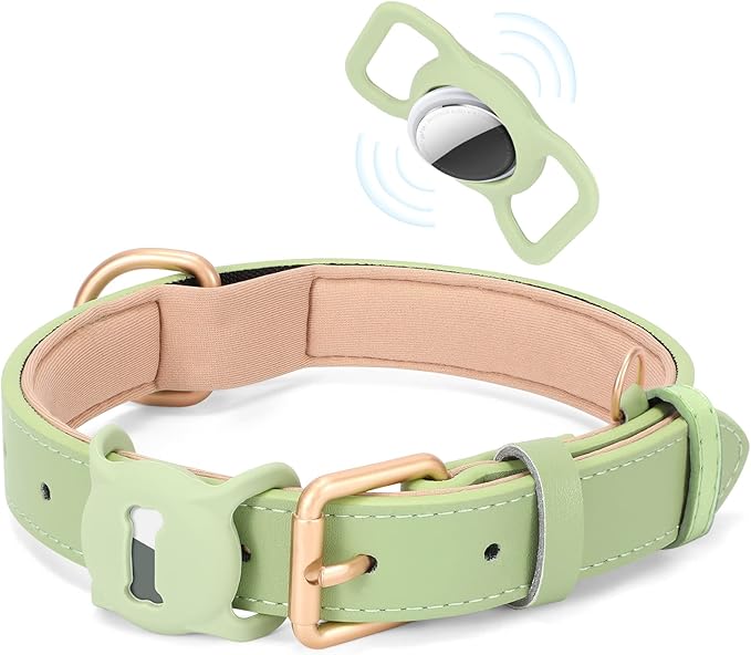 WHIPPY Airtag Leather Dog Collar GPS Tracker Air Tag Puppy Collar Adjustable Soft Leather Padded Dog Collar with Airtag Holder Case for Small Medium Large Dog Pet Backpack,Green