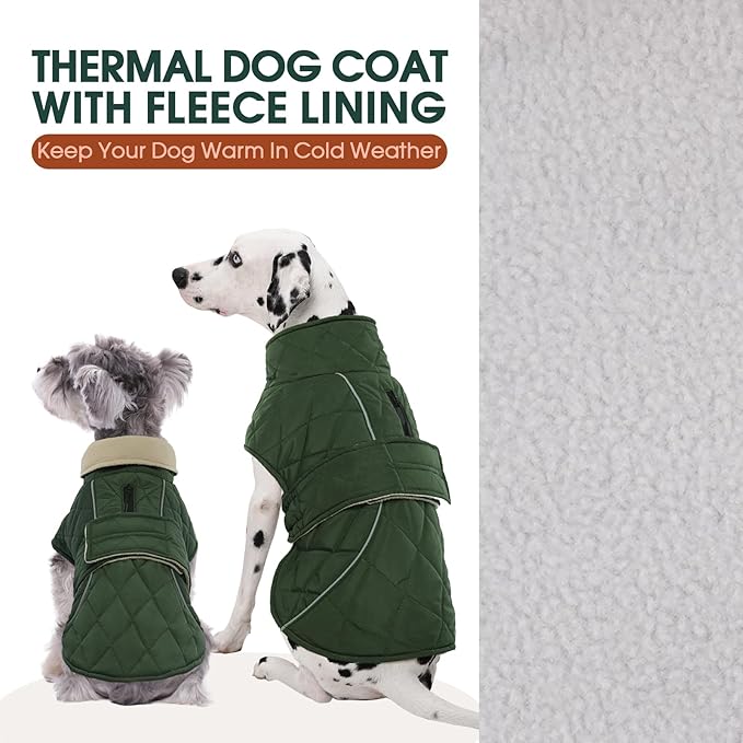 Kuoser Extra Warm Dog Jacket for Medium Dogs, Fleece Lined Dog Turtleneck Snow Suits, Windproof & Reflective Pet Winter Coat Cold Weater Clothes for Dogs, Green M