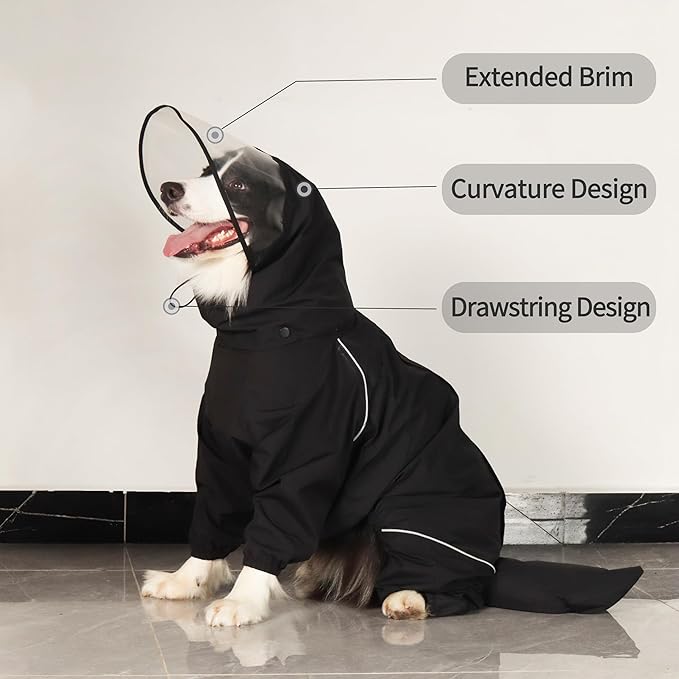 Dog Raincoat for Medium Large Dogs,rain Jacket Coat, Full Leg Coverage Waterproof Rain Suit with Detachable Hood & Tail, Reflective Strips, Snag-Free Top Zipper (Black for Boy, Small)