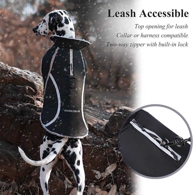 VIVAGLORY Frostfit Dog Coat, Dog Jacket for Winter & Cold Weather, Warm Fluffy Fleece Lined Water Resistant Reflective for Puppy, Coat with Velcro Fastening & Leash Hole, XS, Black