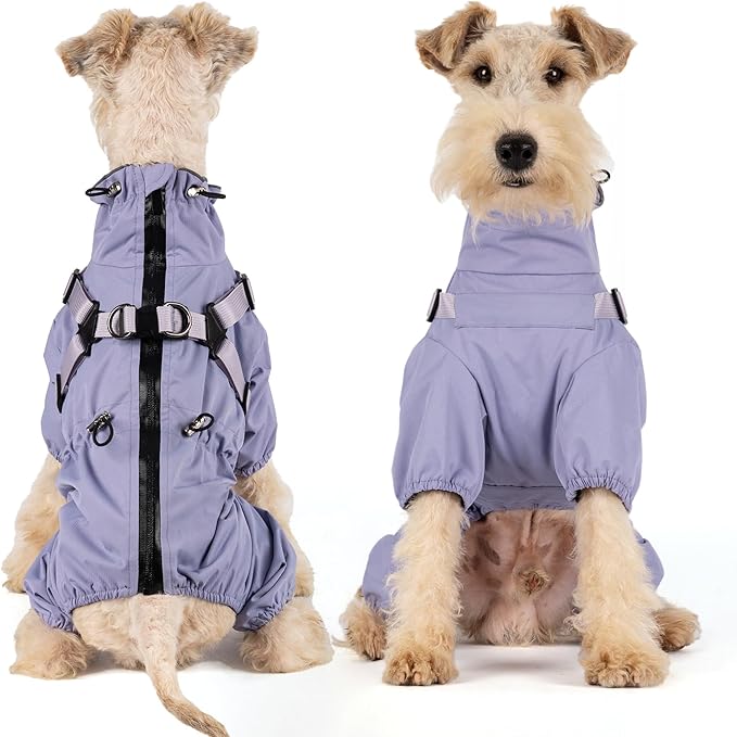 Mile High Life Waterproof Dog Raincoat, Full Coverage Small Dog Rain Coat with Harness, Adjustable 4 Legs Puppy Rain Jacket with Reflective Strip and Elastic Cuffs (Purple, S Back Length 13")