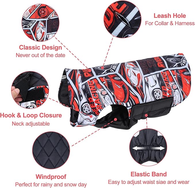 CuteBone Winter Dog Coat - Waterproof Windproof Reversible Vest, Thick Adjustable Cold Weather Jacket for Small Medium Large Dogs, Soft With Leash Hole GMF30M