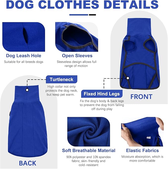 ROZKITCH Dog Sweater with Leash Hole, Warm Winter Coat Soft Pullover Pajamas Windproof Cold Weather Jacket Vest Cozy Jumpsuit Apparel Outfit Clothes for Walking Hiking Travel Sleep Blue 3XL