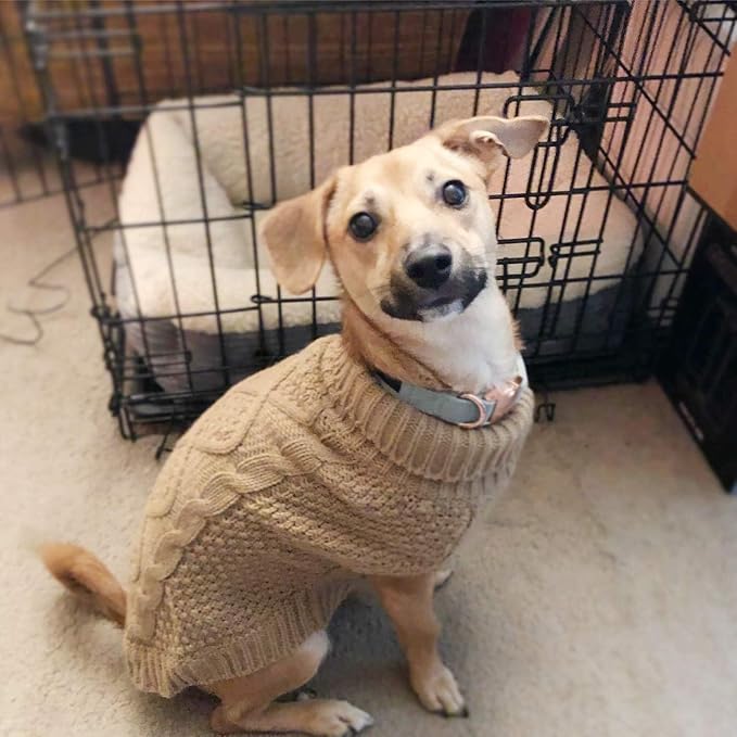 Mihachi Turtleneck Dog Sweater - Winter Coat Apparel Classic Cable Knit Clothes with Leash Hole for Cold Weather, Ideal Gift for Pet in New Year Khaki