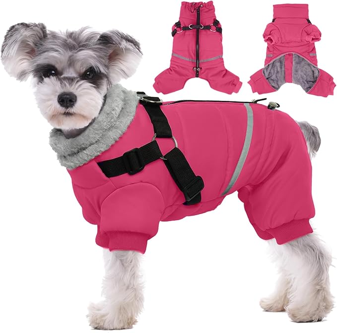 BRKURLEG Dog Winter Coat with Harness Built in, Winter Dog Jacket for Small and Medium Dogs, Small Dogs Snowsuit Reflective Windproof Cold Weather Coat, Puppy Warm Fleece Coats, Hot Pink, M