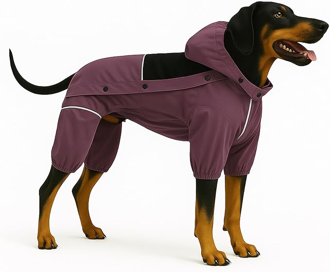 LOVELONGLONG Waterproof Dog Raincoat with Removable Hood – Outdoor Full Body Dog Jacket, Windproof Snowproof Shell Suit – All Season Pet Rain Gear Plum Purple XXL