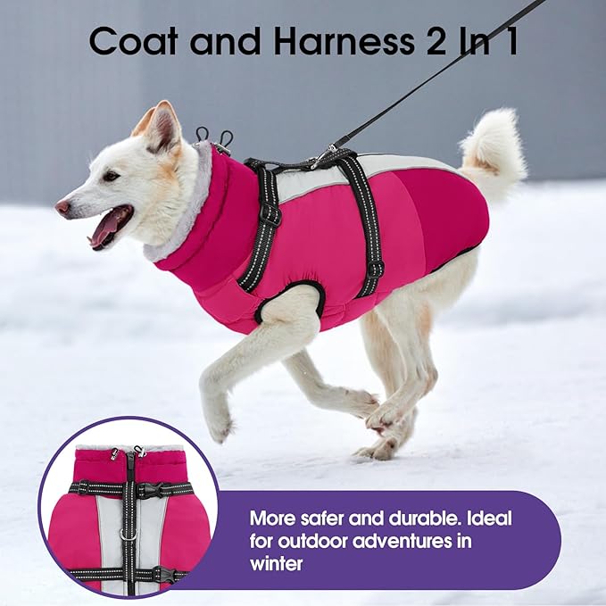 SUNFURA Large Dog Coat with Harness Built in, Warm Dog Jacket Waterproof Pet Winter Coat Snowsuit for Cold Weather, Reflective Fleece Jacket for Large Dogs, Border Collie, Hot Pink XL