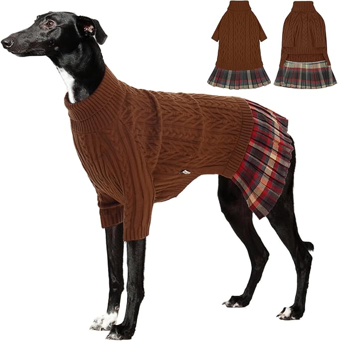 IECOii Girl Dog Sweater Dress - Cable Knit Dog Sweater for Medium Dogs Girl, Caramel,Large - Turtleneck Winter Sweaters with Leash Hole, Soft & Stretchy Adorable Dress for Thanksgiving Christmas Photo