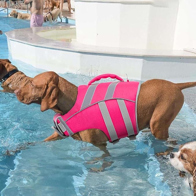 Kuoser Small Dog Life Jacket with Reflective Stripes, Adjustable High Visibility Dog Life Vest for Swimming & Boating, Pink XS