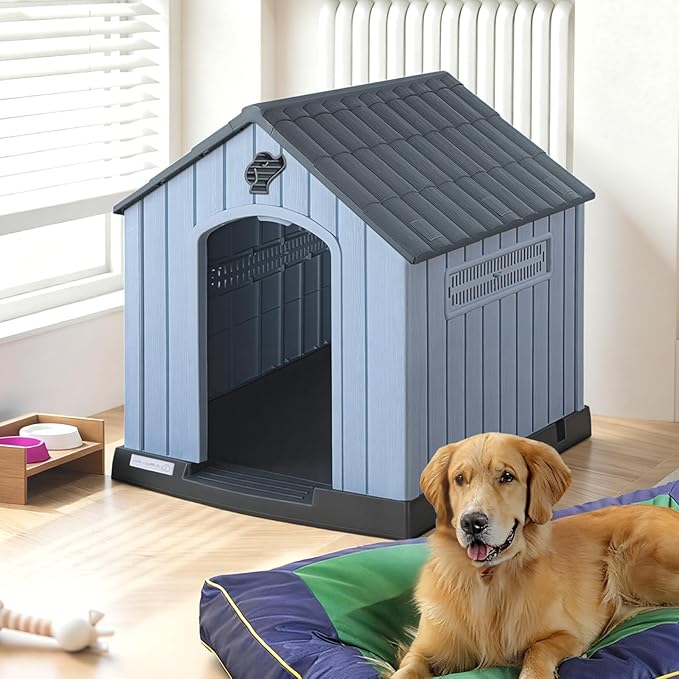 PUKAMI Large Dog House Outdoor Indoor, Plastic Dog House Weatherproof for Large Dogs, Study Puppy Shelter with Air Vents and Elevated Floor, Easy Clean and Assemble (Grey, 36.81"D x 38.7"W x 39.1"H)