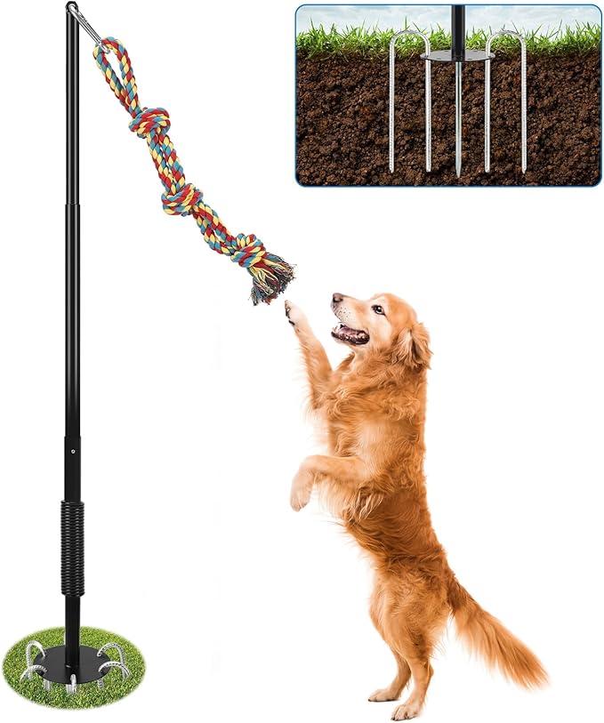 Tether Tug Outdoor Dog Toy, Interactive Exercise Game in Yard Park Tug of War with Chew Rope Toy for Small Medium Large Dogs, Adjustable Dog Stake Toy to Pull Chase and Solo Play
