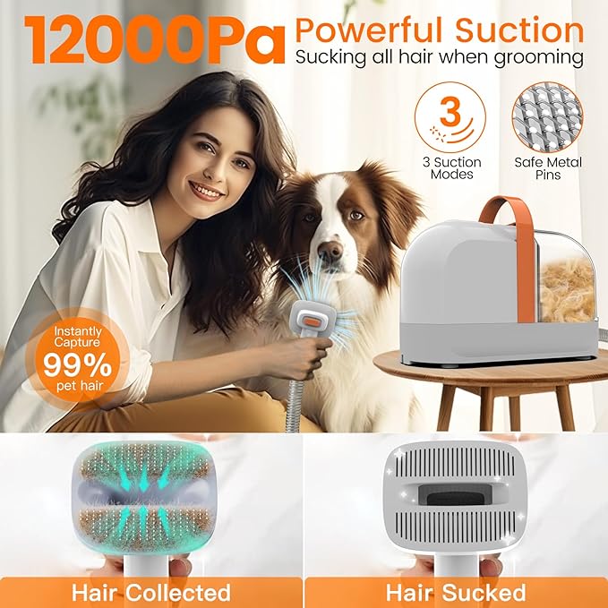 Dog Grooming Vacuum, Dog Grooming Kit with Pet Clippers, 12,000Pa Pet Hair Vacuum for Dogs, Low Noise Home Cleaning Tool in 1, PG10