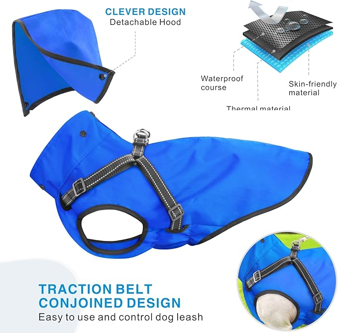 Mosucoirl Dog Raincoat Waterproof Dog Hoodie Reflective Doggie Raincoat Hooded Adjustable Rain Jacket for Small Medium Large Dogs Puppies Doggie Black Red Yellow Green (Blue, XL)