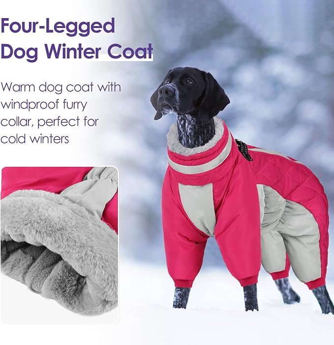 SUNFURA Full Body Dog Coat - Warm Fleece Jacket for Extra Large Dogs, Turtleneck Winter Coats with Harness, Reflective Dog Snowsuit Windproof Puffer Jackets with Legs for Great Dane, Hot Pink 3XL