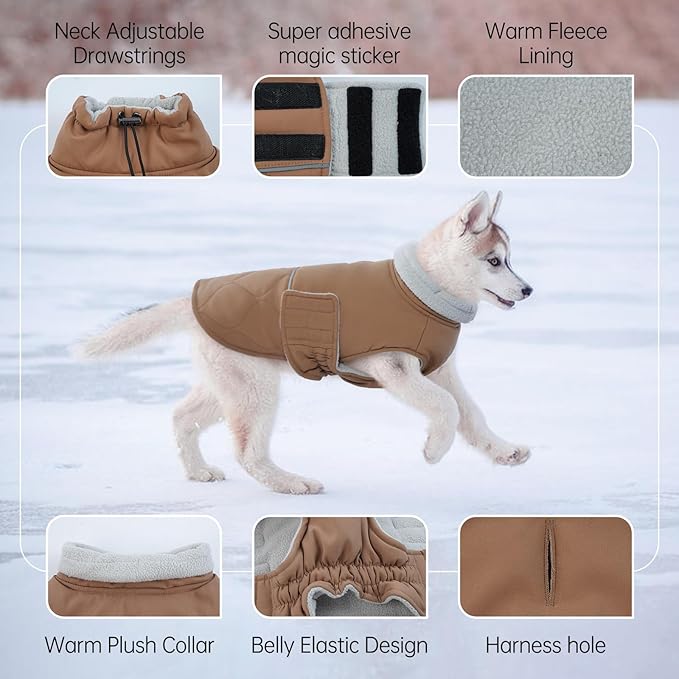 BRKURLEG Dog Winter Coat, Warm Dog Jackets for Small and Medium Large Dogs, Reflective Adjustable Pet Cold Weather Coats, Waterproof Windproof Dogs Snow Jacket Clothes Warm Vest (XL, Khaki)