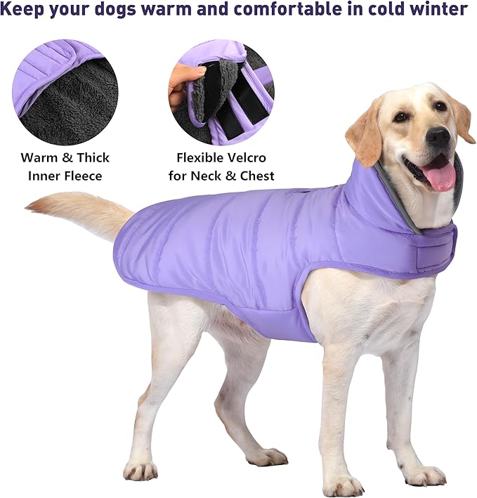 Dog Winter Coat, Waterproof Dog Jacket with Leash Hole, Reflective Adjustable Pet Snow Vest, Warm Fleece Sweater for Small Medium Large Dogs - Light Purple, XL