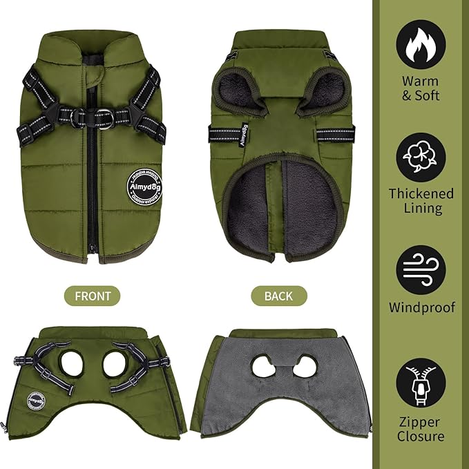 Dog Winter Coat, Warm Jacket Reflective Fleece Vest with Harness, Waterproof Windproof Snowsuit with Zipper for Small Medium Dogs, Green XS