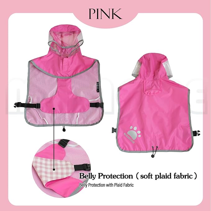 MAMORE Dog Raincoat Hooded Rain Jacket for Small Medium Large Dogs Slicker Poncho Bottom Waterproof Adjustable Reflective Breathable Leash Hole (Pink, X-Large)