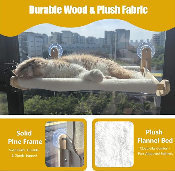 Cat Window Perch Hammock Bed - Foldable Hardwood Frame, No-Drill with Strong Suction Cups, Plush Faux Rabbit Fur for Large Cats up to 50lbs