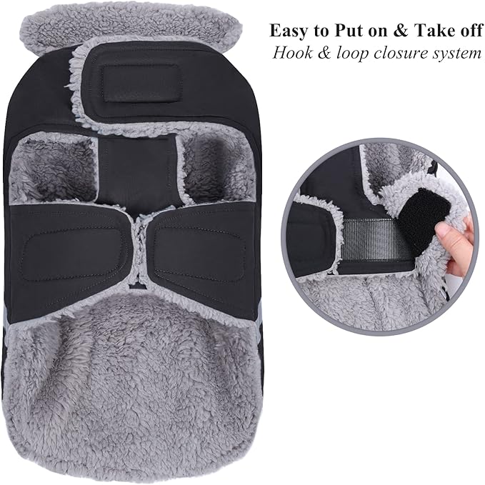 VIVAGLORY Frostfit Dog Coat, Dog Jacket for Winter & Cold Weather, Warm Fluffy Fleece Lined Water Resistant Reflective for Puppy, Coat with Velcro Fastening & Leash Hole, S, Black