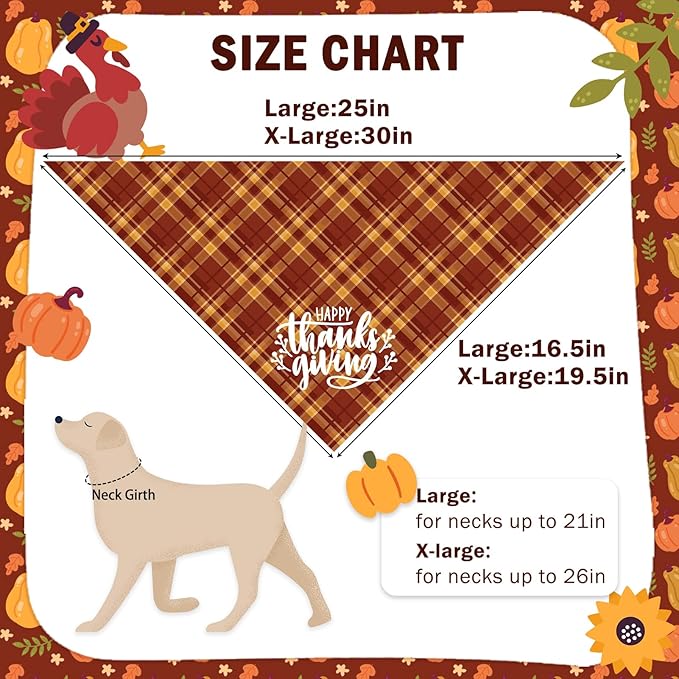 SCENEREAL Thanksgiving Dog Bandanas 2 Pack, Puppy Fall Orange Turkey Triangle Bibs Handkerchief, Reversible Holiday Dog Bandana for Boy and Girl, Premium Pet Scarf for Small Medium Large Dogs XL