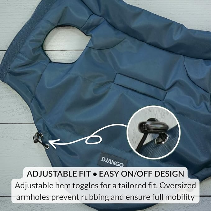 DJANGO Reversible Puffer Dog Coat – Warm Winter Dog Jacket & Water-Repellent Insulated Dog Coat w/Harness Hole, Windproof, Adjustable Fit for Small & Medium Dogs, Dachshunds – Twilight Blue, X-Small