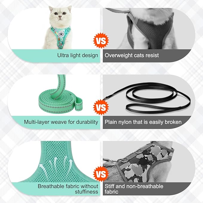 BEAUTYZOO Cat Harness and Leash Set for Walking Escape Proof, Neck Release Adjustable Harnesses for Kitten Puppy Small Medium Large Cats, Soft Cute Easy Control Small Cat Harness for Cats Boy Girls