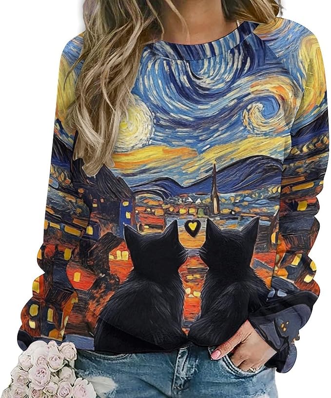 Long Sleeve Shirts for Women Cat Oil Painting Shirt 3D Graphic Sweatshirts Fall Pullover Crewneck Vintage Boho Tops