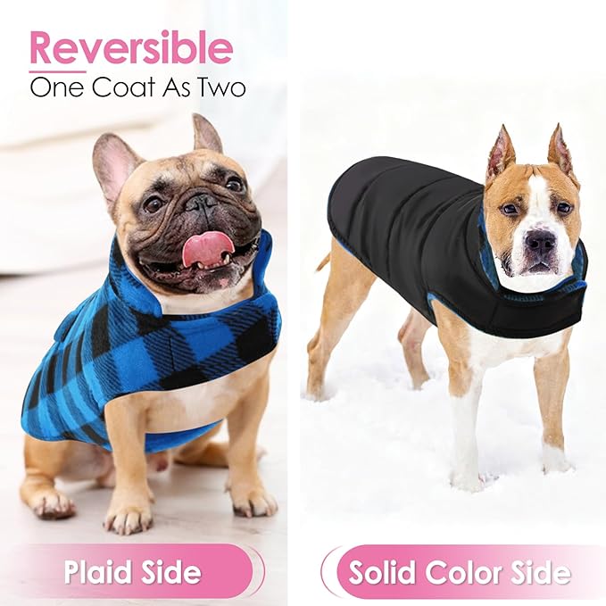 AOFITEE Dog Coat Plaid Dog Winter Coat for Small Dogs, Warm Dogs Jacket Christmas Sweater, Waterproof Pet Puffer Jacket, Reversible Pet Cold Weather Coats for Small Medium Large Pets, Blue L