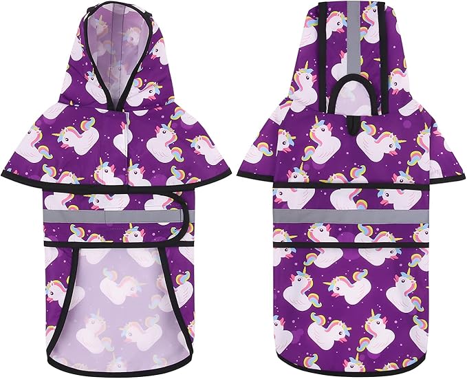 HDE Dog Raincoat Jacket Reflective Adjustable Hooded Pet Poncho Rain Coat with Leash Hole for Small to X-Large Dogs Purple Unicorn Ducks - L