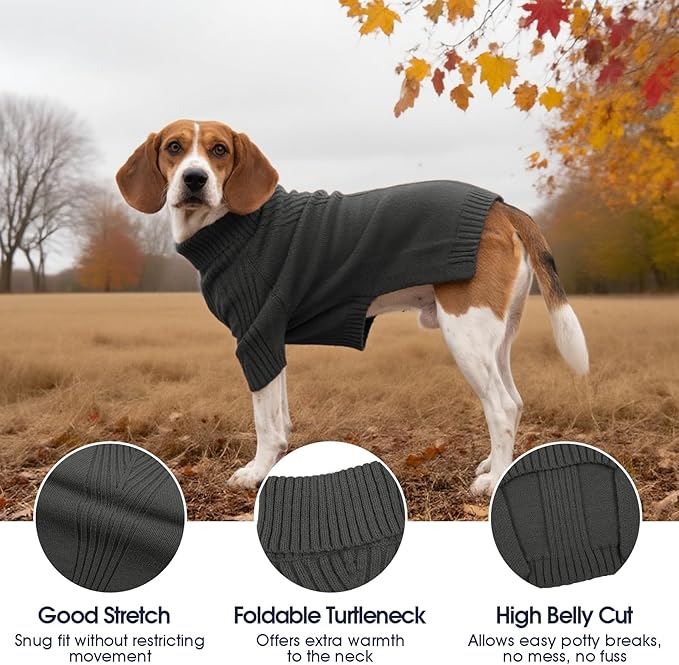 IECOii XXL Dog Sweater,Thermal Knit Big Dog Sweater with Sleeve,Pet Turtleneck Doggy Sweatshirt for Extra Large Dogs Boy Girl,Stretchy Large Dogs Cold Weather Outfit Pitbull Clothes,(Grey,XXL)