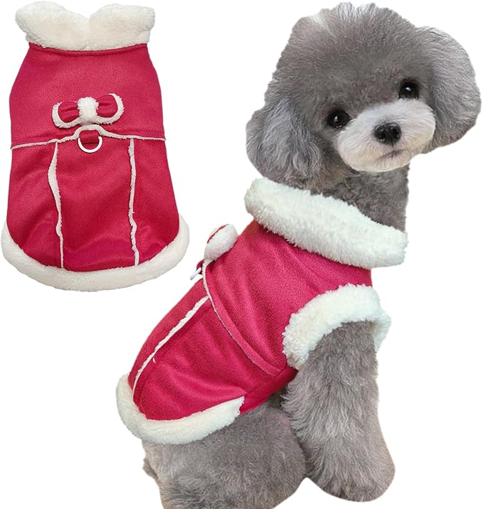 Jecikelon Bowtie Dog Cold Weather Coat Fleece Lining Warm Pet Puppy Turtleneck Dogs Winter Clothes for Small Dogs with D-Ring (Red, Medium)