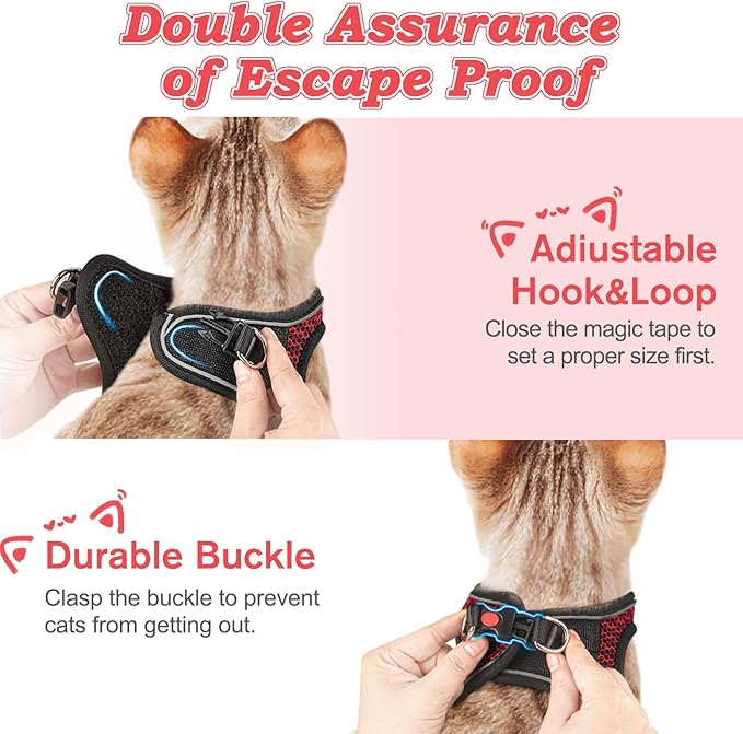 Cat Harness and Leash for Walking Escape Proof, Adjustable Kitten Vest Harness Reflective Soft Mesh Puppy Harness for Outdoor, Comfort Fit, Easy to Control (Red, S)