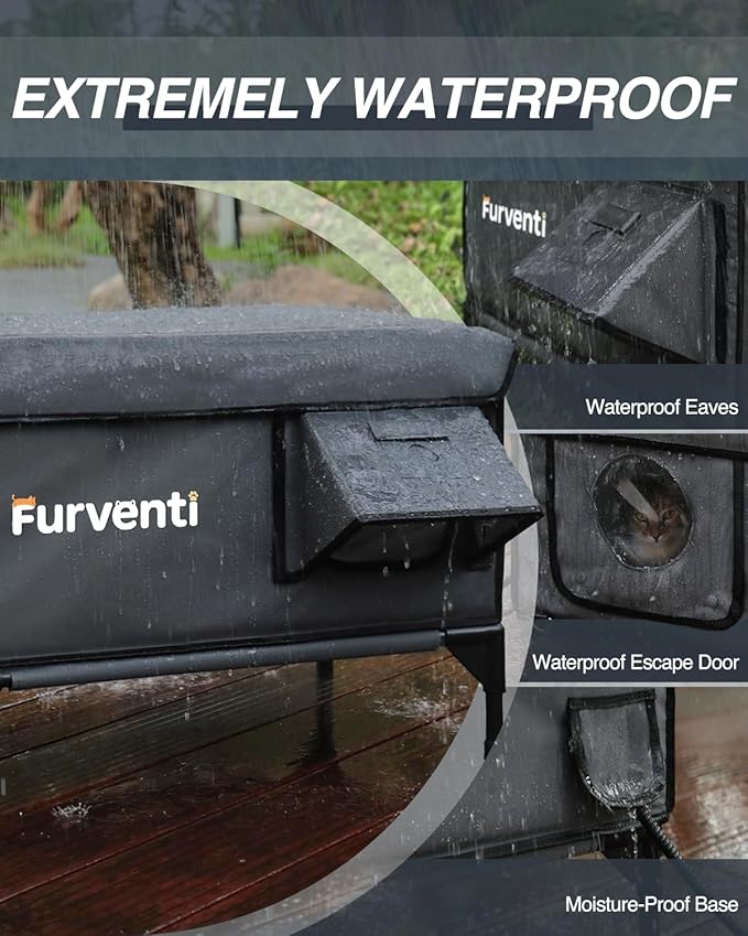 Heated Cat House for Outside,Dual Camera Mounts,100% Weatherproof & Extremely Insulated,Elevated Feral Cat Shelter with Escape Door,Waterproof Eaves for Outdoor Stray Barn Cat(Dark Grey,M)