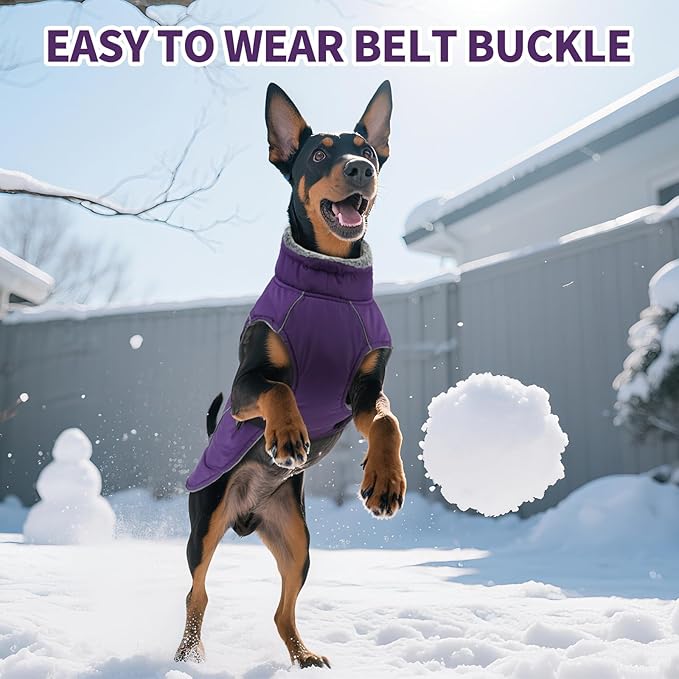 DENTRUN Small Dog Winter Warm Coat - Windproof Cozy Jacket, Thick Fleece Vest with Adjustable Belt, Water Repellent, Reflective Dog Sweater for Yorkie Dachshund Wear, Purple, S