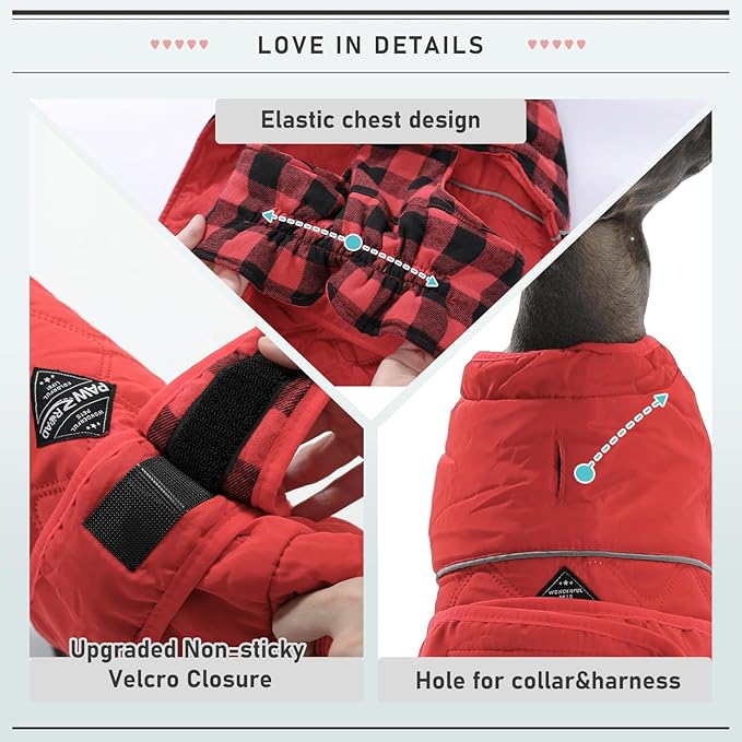 PAWZ Road Dog Winter Coat with 5 Layers Warm Material, Reversible Dog Clothes with 2 Sides, Dog Jacket Outdoor Water Repellent, (Red Plaid XL)