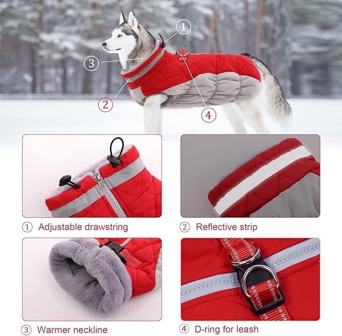 Lelepet Dog Coat Warm Dog Winter Coat Waterproof Dogs Jacket with Harness Built in Reflective Pet Fleece Vest Zip-Up Cold Weather Coats for Large Dogs Turtleneck & Windproof Coats Boxer Red XL