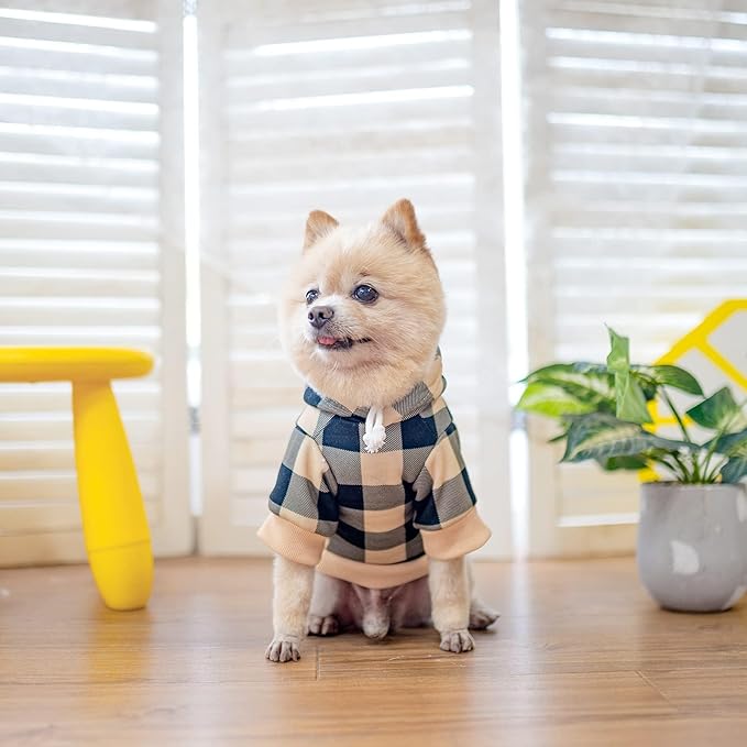 KOOLTAIL Plaid Dog Hoodie Pet Clothes Sweater with Hat and Pocket for Small Medium Large Size Dogs, Soft Winter Warm Dog Cold Weather Coat, Fleece Fall Dog Hooded Sweatshirt for Puppy Cats, Beige S