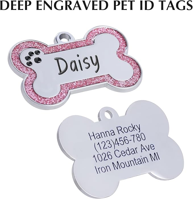 Personalized Stainless Steel Pet ID Tags with Glittery Bone Design - DEEP Engraved Dog Tags Engraved for Pets Customized with 5 Lines Dogs and Cats Pets