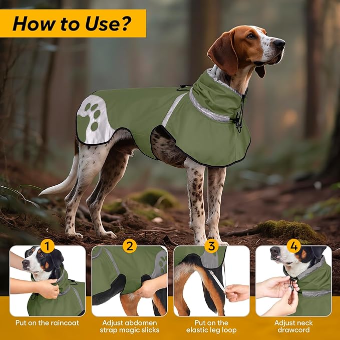 Dog Raincoat for Large Dogs, Adjustable Rain Jacket for Dogs, Waterproof Slicker Jacket for Adventures, Walking, Hunting（XL,Dark Green）