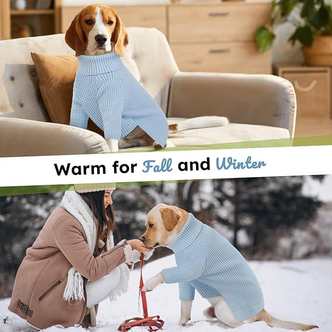 Queenmore Turtleneck Dog Sweater, Plaid Doggie Sweaters, Large Dogs Sweater with Check Pattern, Long Sleeve Holiday Pet Sweatershirt, Solid Dog Sweaters for Large Dogs, Blue L