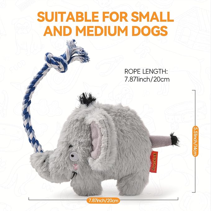 AUSCAT Plush Dog Rope Toy, Durable Squeaky Dog Toys for Puppy Small Medium Dogs (Not for Aggressive Chewers), Elephant