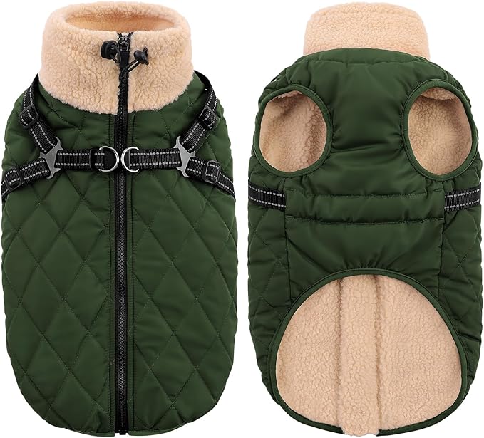 Queenmore Dog Coats for Large Dogs, Dog Jacket, Warm Fleece Winter DogCoat with Harness Built in, Back Zipper Pet Jacket for Large Breeds, Thick Fleece Lining Pet Snowsuit, ArmyGreen 2XL