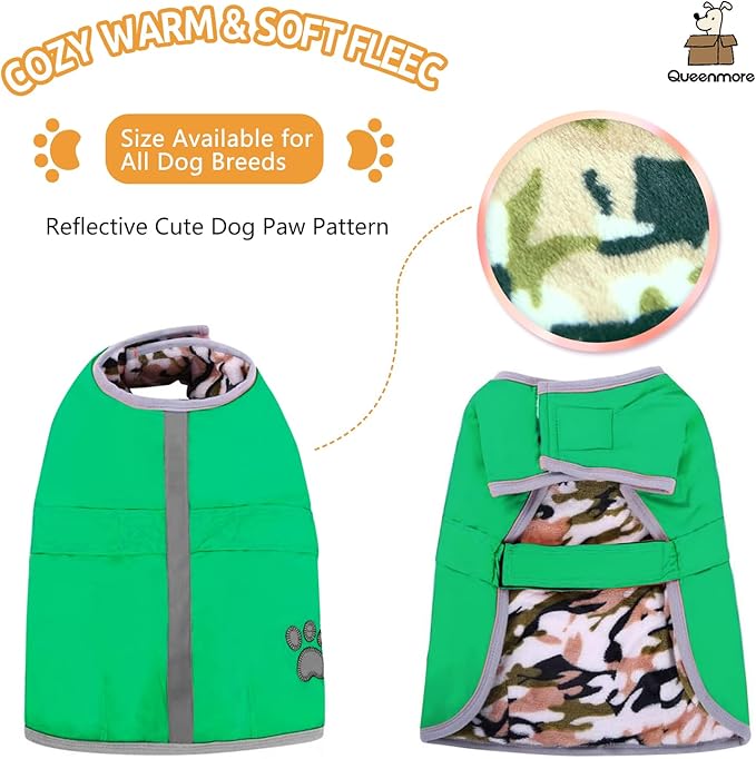 Queenmore Dog Winter Coat, Cold Weather Fleece Jacket for Dogs, Waterproof Reflective Reversible, for Small, Medium and Large Dogs (Green, M)