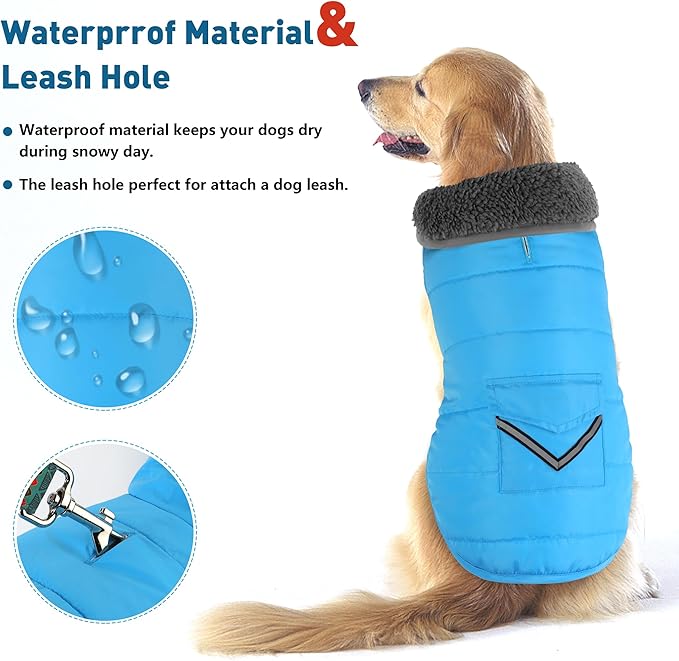 Dog Coat, Waterproof Dog Winter Jacket with Pocket, Reflective Adjustable Pet Snow Vest, Warm Cozy Fleece Sweater for Small Medium Extra Large Dogs - Sky Blue, M