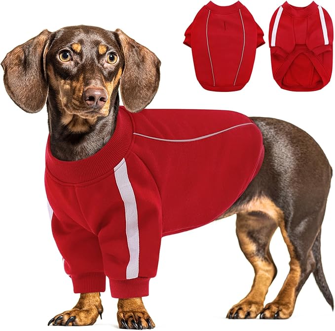 Queenmore Small Christmas Dog Sweater, Cozy Fleece Dog Sweatshirt, Warm Winter Fleece Jacket for Small, Medium & Large Dogs with Leash Hole/Reflective Stripes Red